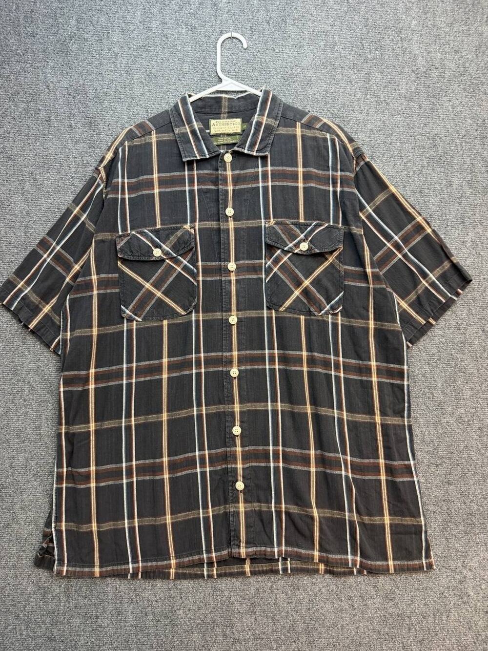 Dockers Authentics Mens L Black Brown Plaid Short Sleeve Cotton Shirt